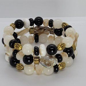 Stretch Bracelet Triple Strand Gold Tone Stretch Shell Stone and Quartz Beads
